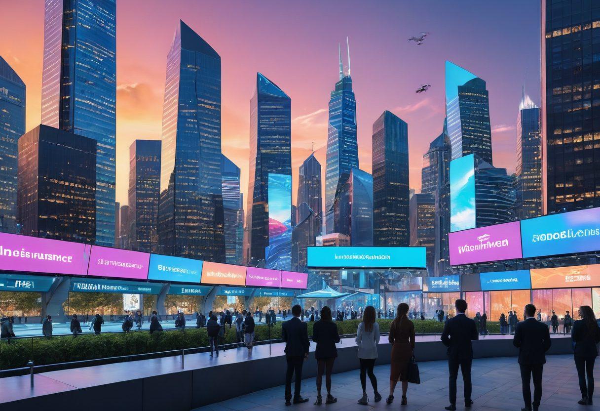 A futuristic city skyline with various technologies like drones and digital billboards displaying insurance data. In the foreground, a diverse group of people are collaborating on digital devices, sharing information seamlessly. Elements of secure transactions and smart contracts are subtly integrated into the scene. Bright, uplifting colors illuminate the setting, symbolizing empowerment and innovation. 3D. vibrant colors. super-realistic.