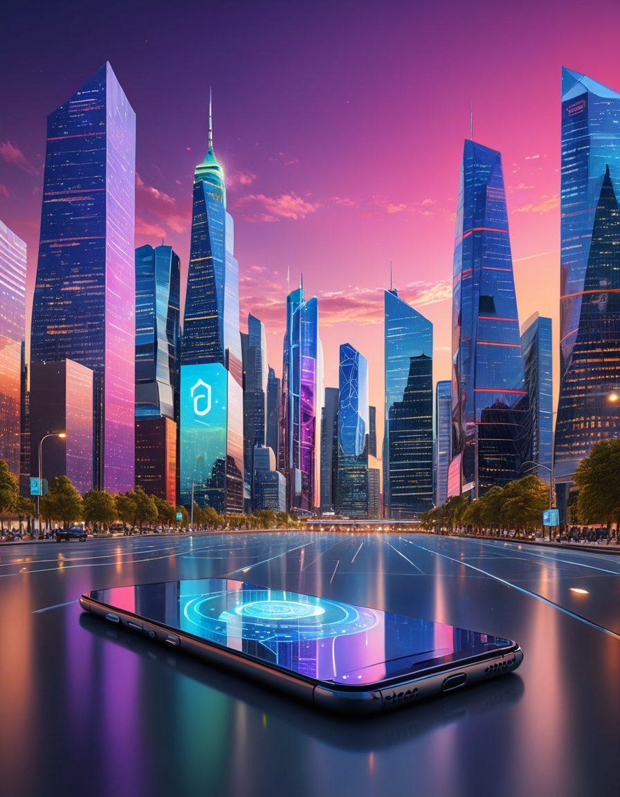 A futuristic digital landscape depicting a smartphone displaying various digital insurance options, surrounded by holographic icons representing security, savings, and technology. Incorporate a person in professional attire confidently navigating through these options, symbolizing empowerment and accessibility. The background features a skyline with modern architecture, conveying innovation and progress. Bright colors and dynamic lighting enhance the sense of optimism and future possibilities. super-realistic. vibrant colors. digital art.